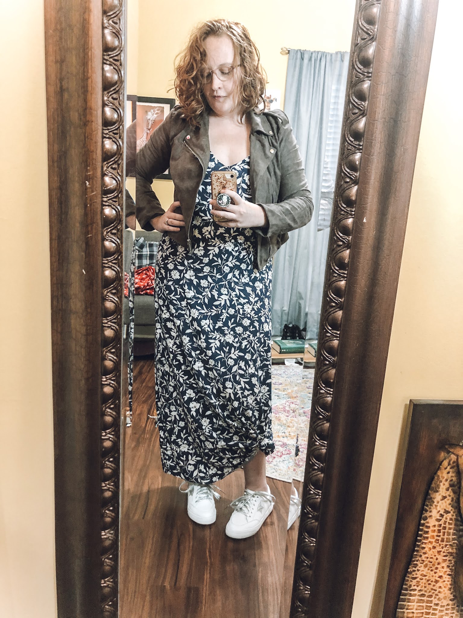 blue-floral-maxi-dress-taupe-moto-jacket-sneakers