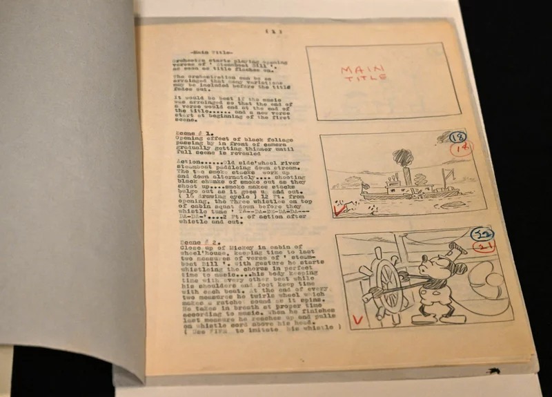The initial script from 1928 for Disney's Steamboat Willie, marking the debut of Mickey Mouse as the main character.
