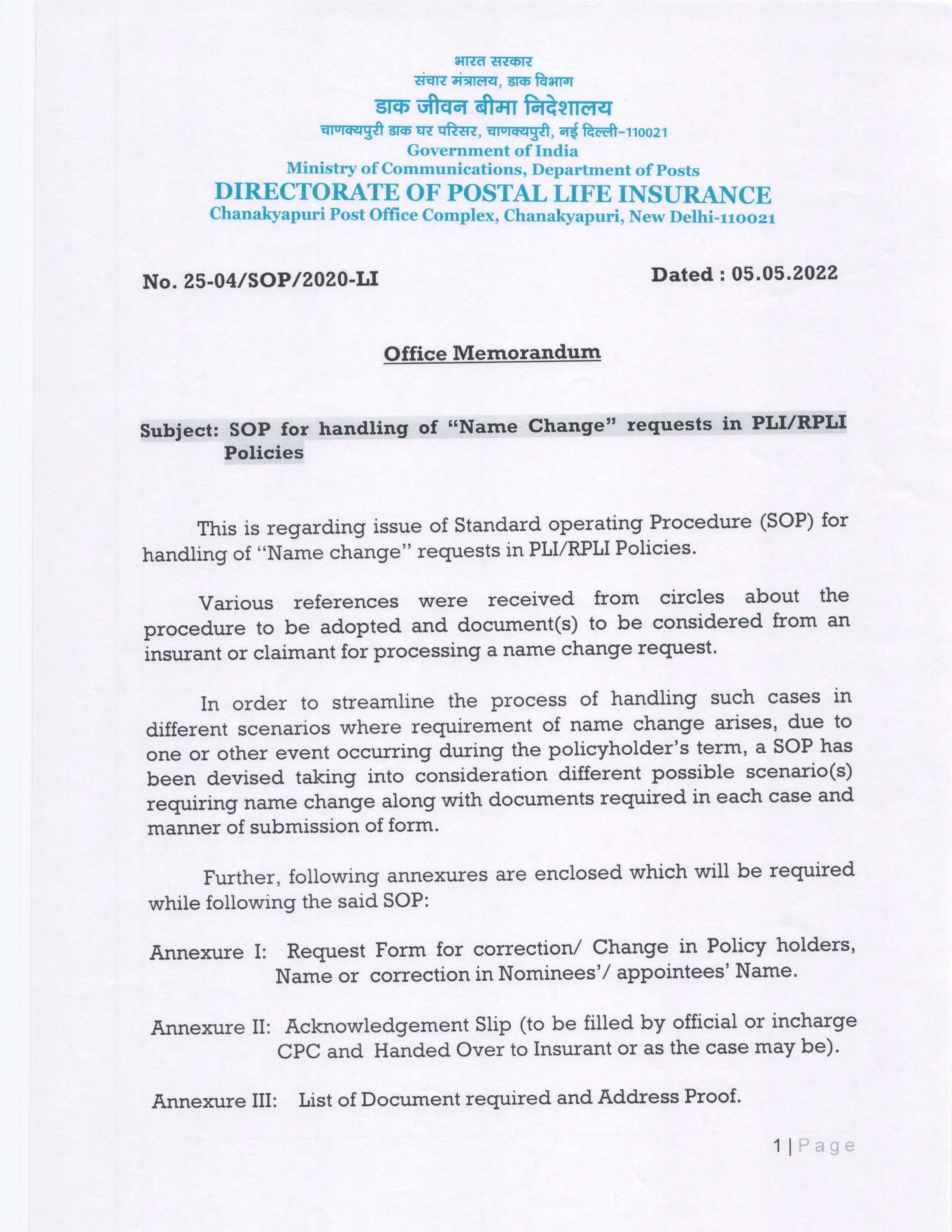 
PLI RPLI Name Change SOP | SOP for handling of Name Change requests in PLI/RPLI Policies | Dated : 05.05.2022
