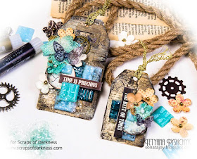 Scraps of Darkness scrapbook kits: Mixed media grunge tags video tutorial. Tanya SonataJoy created these tags with our Sept. Tanya's Industrial Odyssey kit, and did a Youtube tutorial to go along with them.