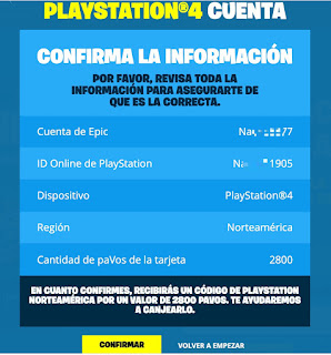 Pantalla de confirmación Código de paVos Fortnite para PS4