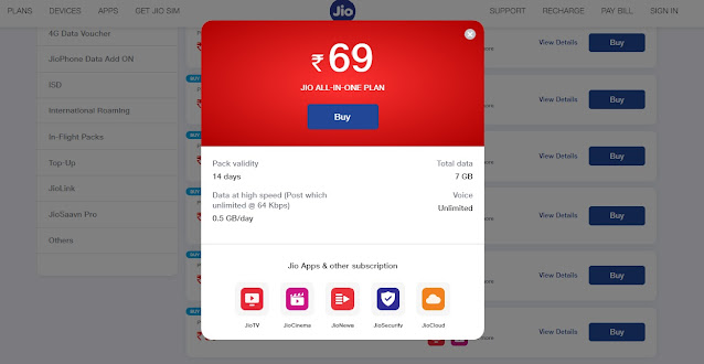 JIO Rs 69 prepaid Recharge plan validity