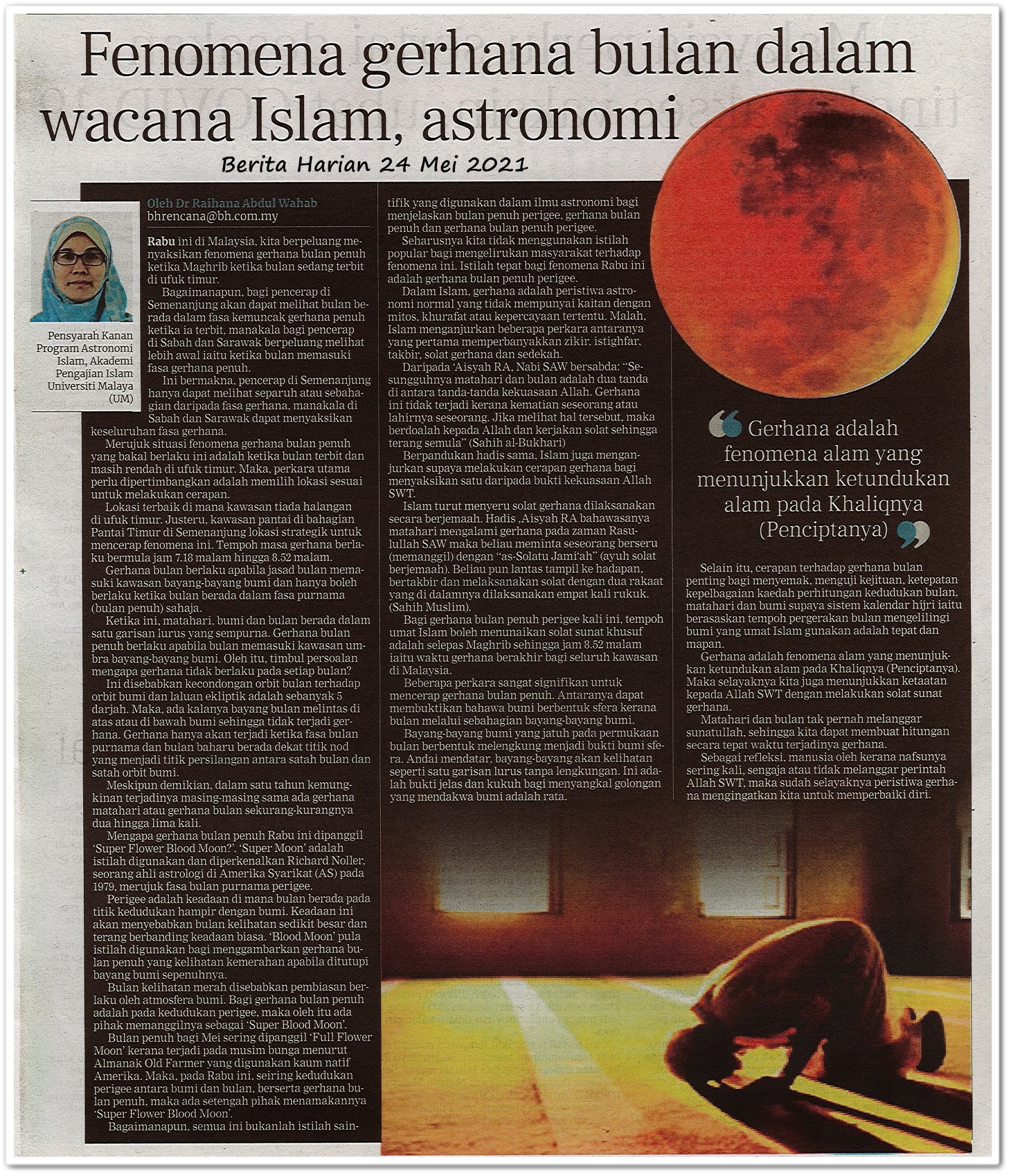 Fenomena gerhana bulan dalam wacana Islam, astronomi - Keratan akhbar Berita Harian 24 Mei 2021