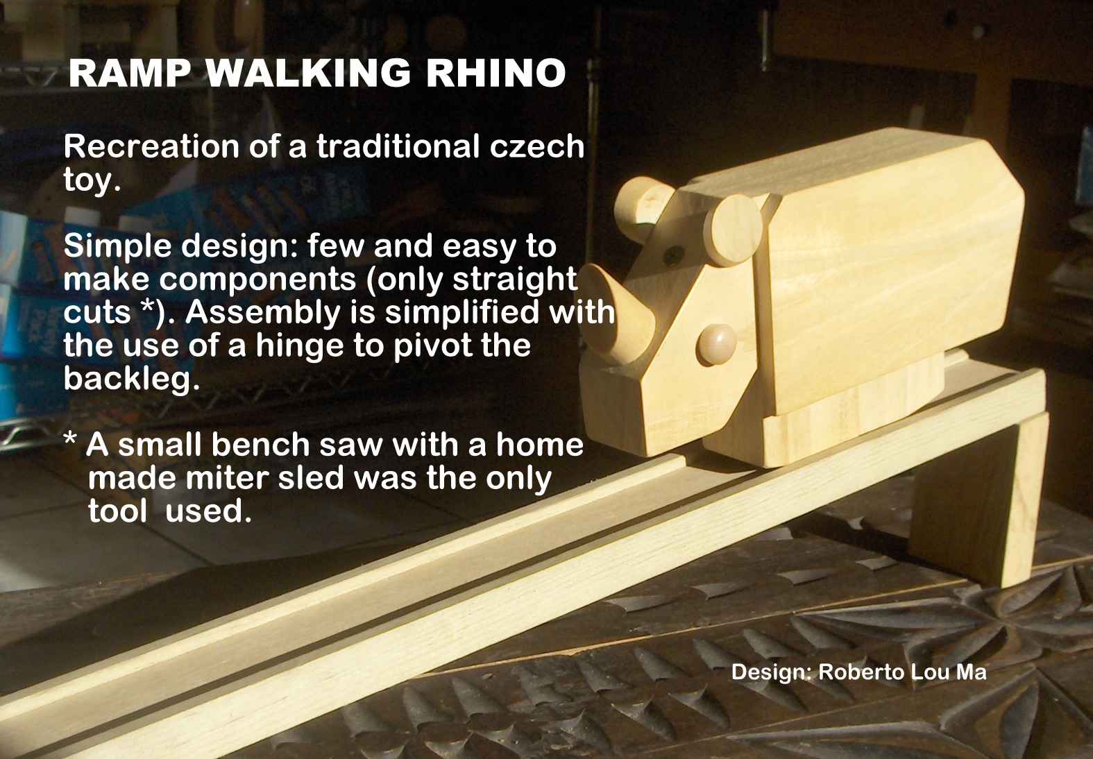 Free plans for a ramp-walking wooden rhino toy
