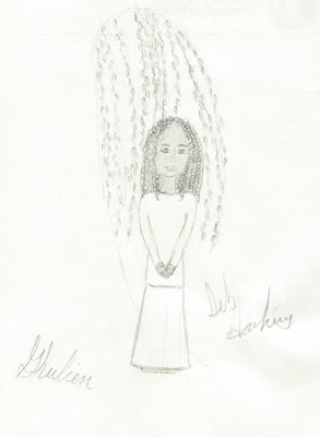 pencil sketch of a girl in front of a willow tree