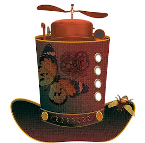 A whimsical steampunk hat with a propeller blade and other devices on top