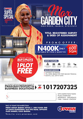 Introducing the hottest, strategically located and very affordable property in Ibadan  *MAX GARDEN CITY, IBADAN*  Located in Odo Ogun, just 25 mins from the lagos-Ibadan railway.  This amazing property is directly facing the Ibadan-Iseyin expressway  *Major landmarks include;* 🛤️Ibadan railway terminal 🏭Ibadan dry port 🏢IITA 🏬NISER 🏫University of Ibadan etc  *Features include;* ✅Complete dry land ✅Perimeter fencing ✅Gate House for 100% security ✅Good road network ✅Drainage ✅Street lights ✅Beautification and many more  The awesome part is that it goes for just *N400k only* per plot .  You also get *1 FREE PLOT* when you buy 5  Don't miss this.