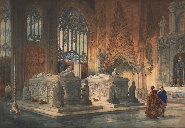 Artwork, XIX century art, watercolours, "Interior of Toledo Cathedral, tombs of Don Álvaro de Luna and his wife" by Pilford Fletcher Watson, 1888.