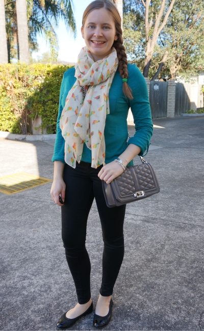 teal henley skinny jeans parrot print scarf rebecca minkoff love quilted bag winter style | away from blue