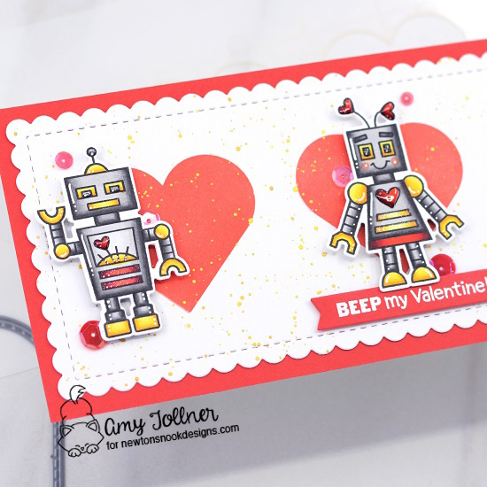 Love Bots Stamp and Die Set, Slimline Frames and Portholes Die Set, Slimline Masking Hearts Stencil Set, A7 Frames and Banners Die Set by Newton's Nook Designs #newtonsnookdesigns #newtonsnook #handmade