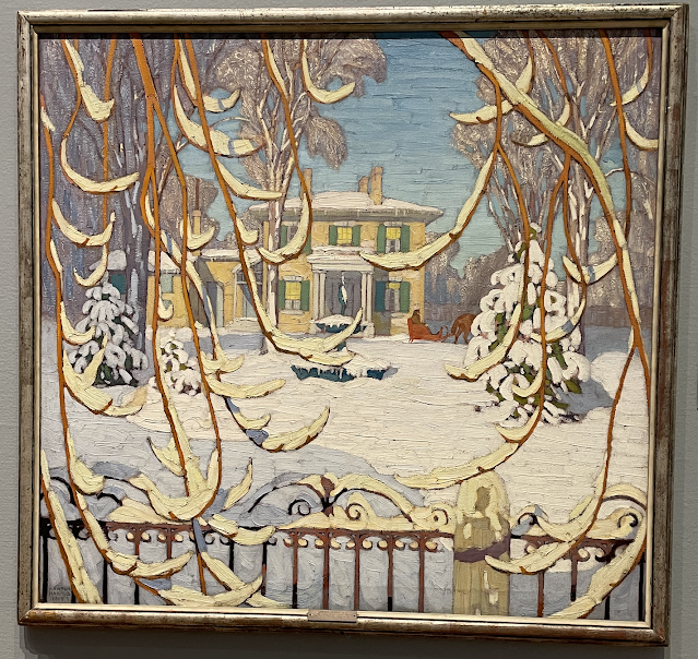 color photo of painting in frame, Red Sleigh House, Winter • Lawren Stewart Harris, Canadian artist • 1919 Art Institute of Chicago