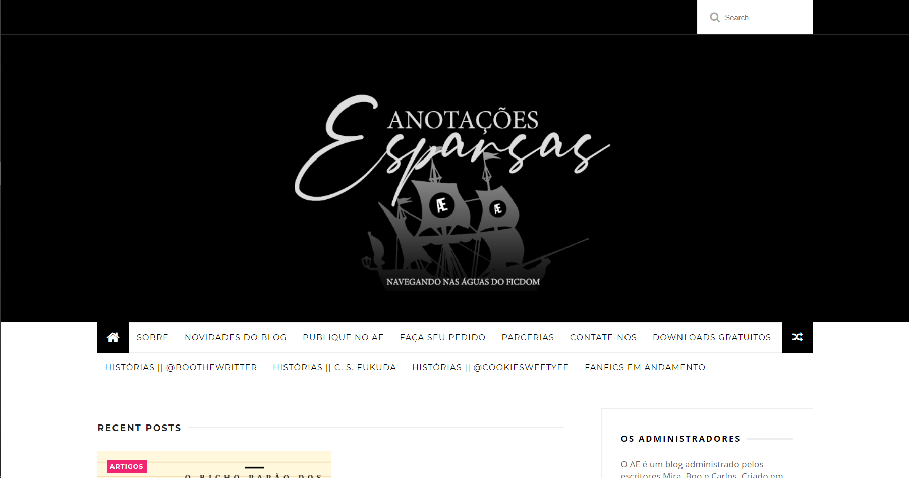 Imagem retangular preta e branca, mostrando a página inicial do website Anotações Esparsas em dezembro de 2020.