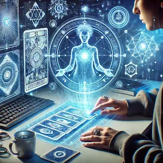 Sesi pembacaan psikis online dengan tarot holografik dalam suasana modern mistis.