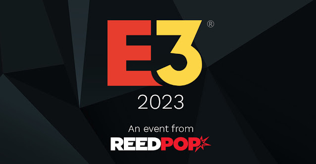 Logotipo da E3 2023 em um fundo preto estilizado. Abaixo, está escrito em inglês: Um evento ReedPop