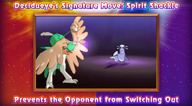 Decidueye Rowlet's fully evolved form Pokémon Spirit Shackle grass archery bow arrow feather