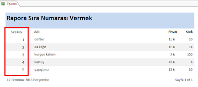 access raporlarına sıra numarası vermek