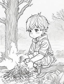 cute sweet boy near the campfire coloring page