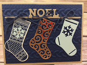 This Christmas card uses Stampin' Up!'s Hand Your Stocking stamp set and Christmas Stockings Thinlits Dies (bundled together for a discount!).  It also uses the new Cable Knit Dynamic Textured Impressions Embossing Folder, Night of Navy Solid Baker's Twine, and the Copper Foil paper.  #stamptherapist #stampinup  www.stampwithjennifer.blogspot.com