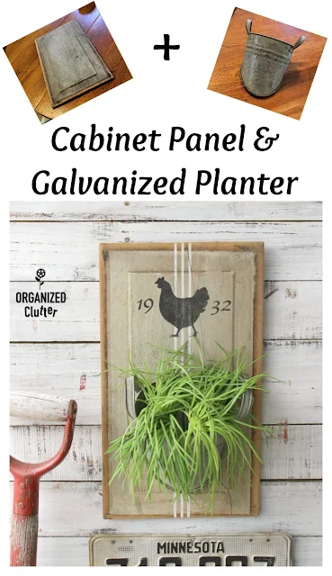 An Easy DIY Wall Planter Created from A Salvaged Cabinet Panel #stencil #Oldsignstencils #cabinetpanel #farmhouse #farmhousestyle #wallpocket #grainsackstripe