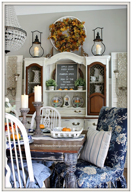 French Country Farmhouse Fall Dining Room-Waverly Ballad Bouquet-China hucth-DIY-From My Front Porch To Yours