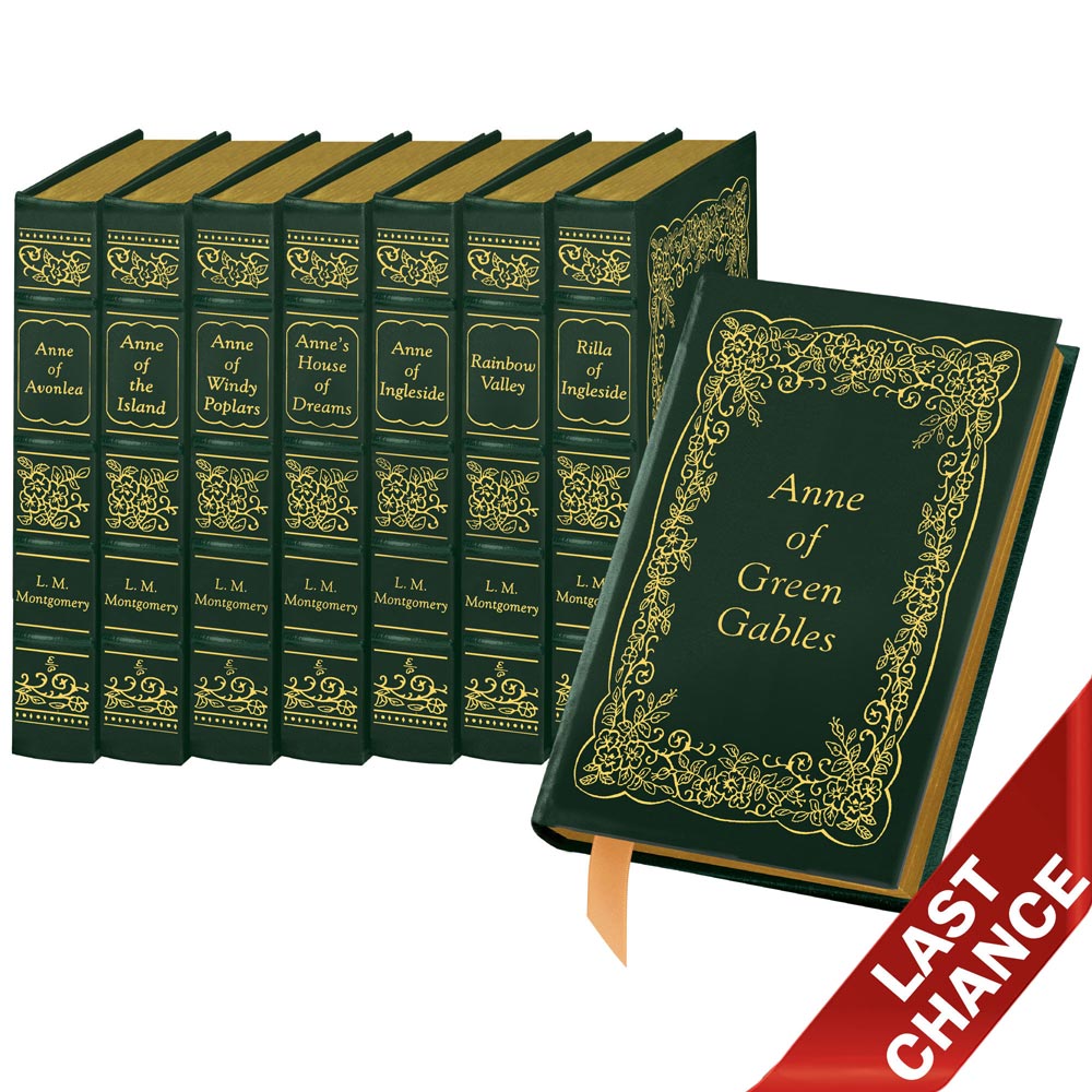 Photograph of the leather-bound, eight-volume Anne of Green Gables hardback set from the Easton Press