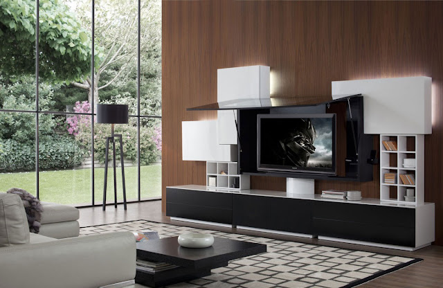 awesome entertainment center ideas with modern black and white credenza combined with 3d tv also big pattern area rug