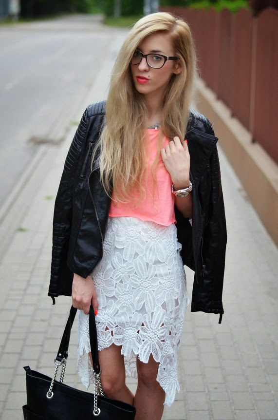 WHITE HIGH-LOW LACE SKIRT, NEON CROP TOP & BLACK LEATHER DETAILS