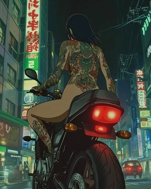 Mercenary Garage Custom Motorcycle Workshop Cyberpunk Nude Tattoo Biker Girl Bosozoku Sukaban Illustration Art