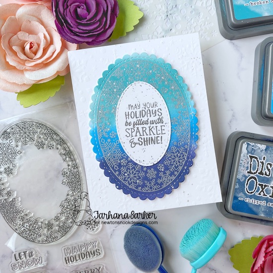 Snowflake Holiday Card by Farhana Sarker | Snowflake Oval Stamp Set,  Oval Frames Die Set and Snowfall Stencil by Newton's Nook Design