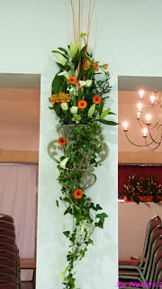 mariage, orange, vert, blanc, gerbera, calla, bougie, vase, cheveux, coiffure, menu, décor