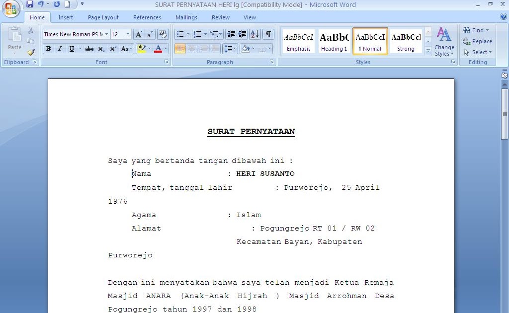 Contoh Surat Pernyataan Anggota  contoh surat dan 
