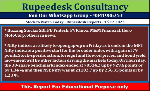 Stock to Watch Today - Rupeedesk Reports - 15.12.2023