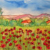 "Poppy Field Near Trevi, Italy" by Karla Nolan, original watercolor
and ink painting on paper
