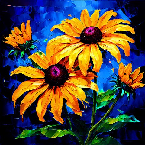 Floral-oil-painting-abstract-artwork-splash-color-black-eyed-susan-flowers-in-yellow-color