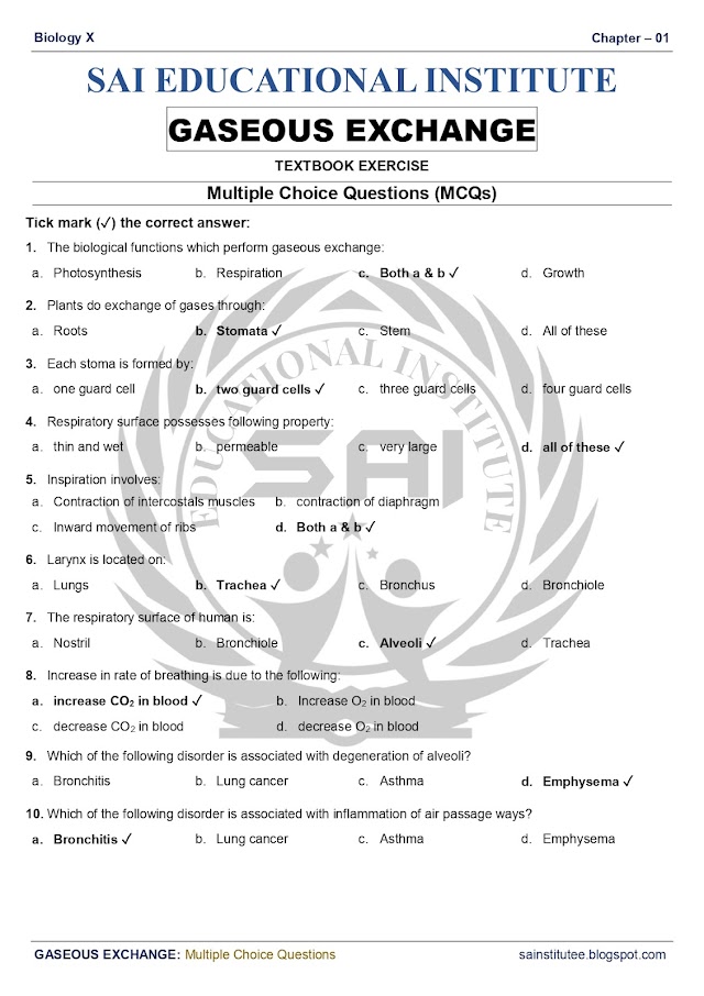 GASEOUS EXCHANGE - MCQs - Biology 10th