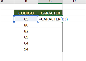 funcion caracter en excel