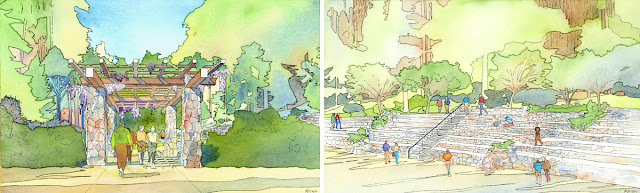 Lawrence Halprin’s renderings of the entry trellis (left) and upper seating (right), 2003 Courtesy of the Stern Grove Festival Association