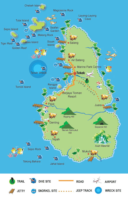 Tioman island map with diving sites, hiking trails, beaches and hills, snorkel sites, jetties, airport, jeep tracks and wreck sites.