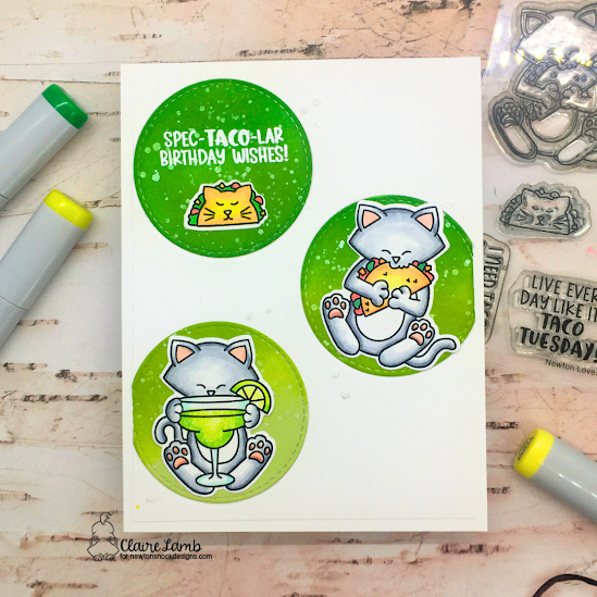 Spec-taco-lar birthday wishes by Claire features Newton's Loves Tacos and Circle Frames by Newton's Nook Designs; #inkypaws, #newtonsnook, #tacocatcards, #catcards, #birthdaycards, #cardmaking