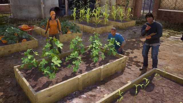 State of Decay 2 - Three survivors in the back yard of a base, growing vegetables