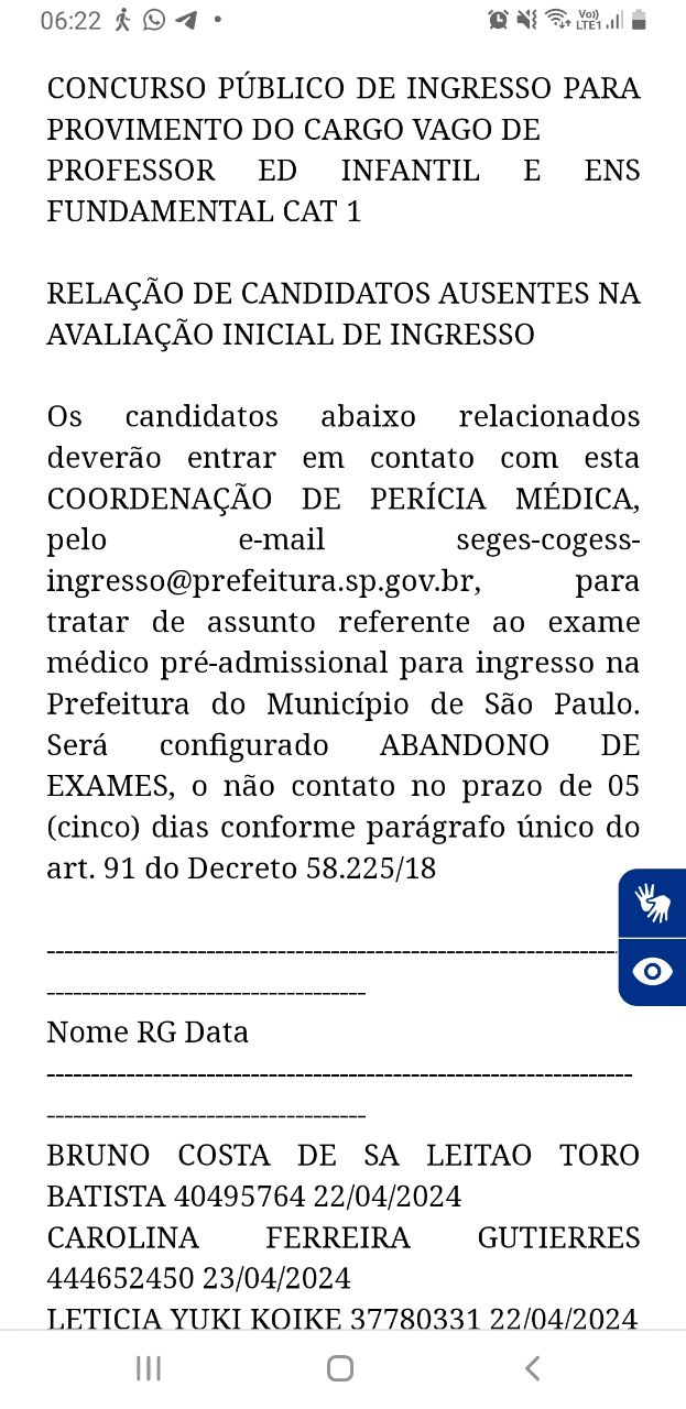 Concurso público educação infantil e PEIF I: CANDIDATOS AUSENTES NA AVALIAÇÃO INICIAL DE INGRESSO