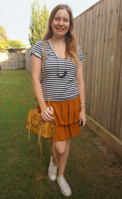 stripe tee rust ruffle tiered mini skirt white converse mustard yellow bag | awayfromblue