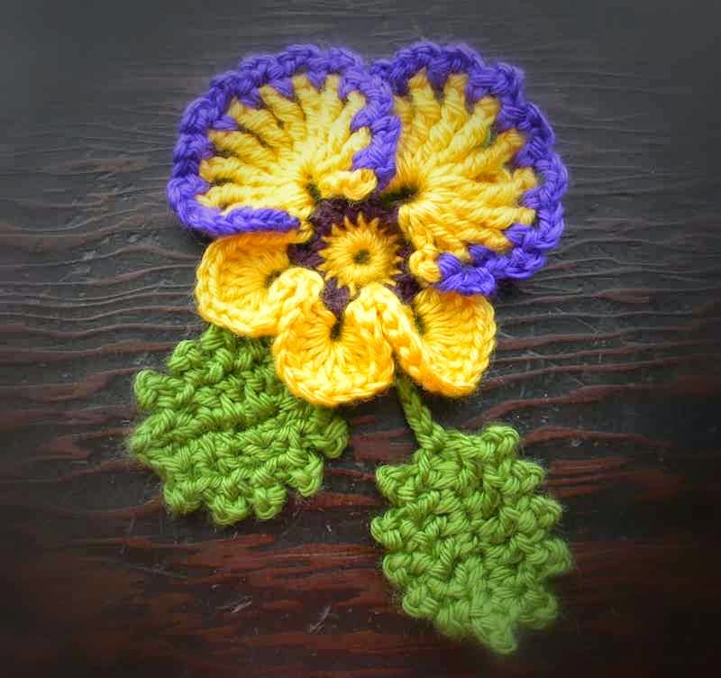 Crocheted Pansy & Leaves