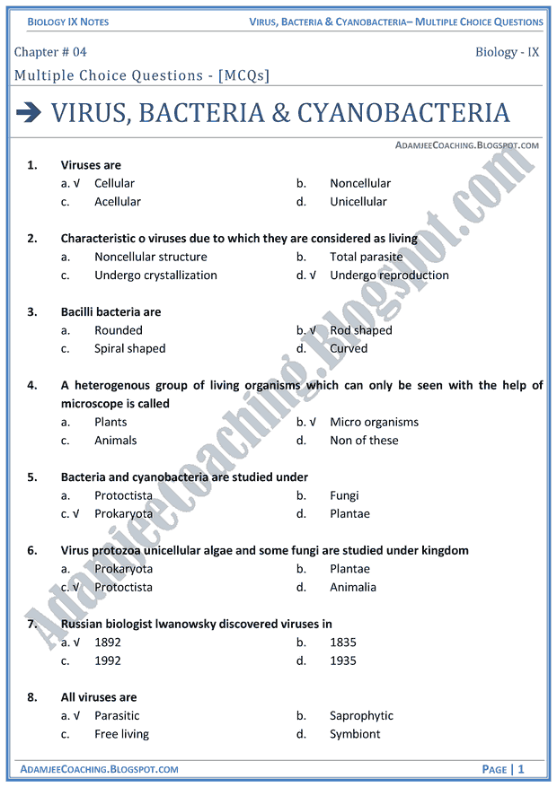 virus-bacteria-and-cyanobacteria-multiple-choice-questions-biology-notes-for-class-9th