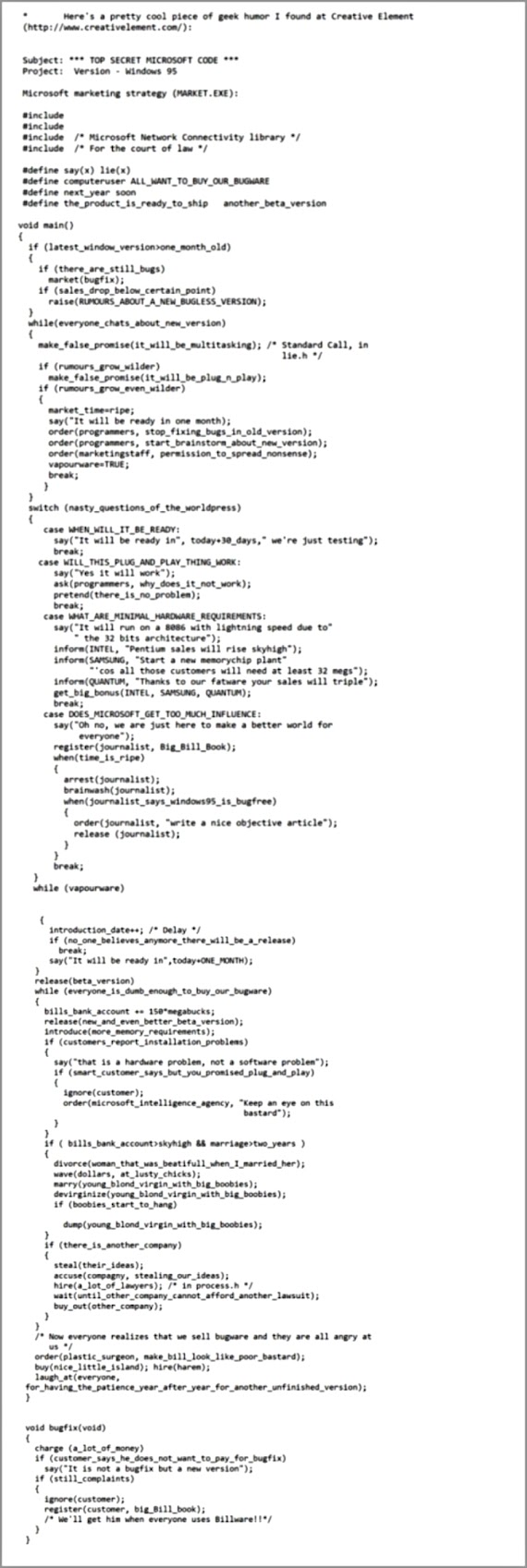 "Top Secret Microsoft Code" - a spoof from 1997 courtesy of Tek Thots