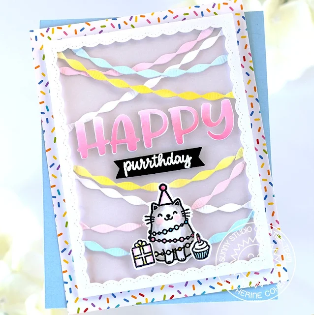 Sunny Studio Stamps: Crepe Paper Streamers Die Focused Birthday Card by Catherine Cohen (featuring Birthday Cat, Chloe Alphabet Dies, Fancy Frame Dies)