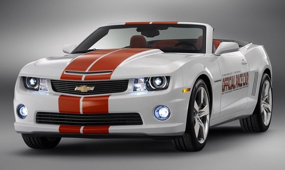 2011 Camaro Convertible White with Red Stripes Front Agle View