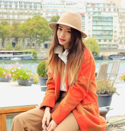 Collarless Colored Wool Check Coat