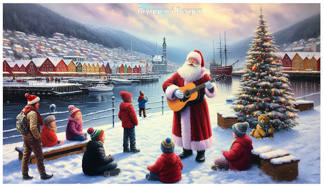 Julekort fra «Bryggen i Bergen». Laget ved hjelp av KI og PhotoShop.
