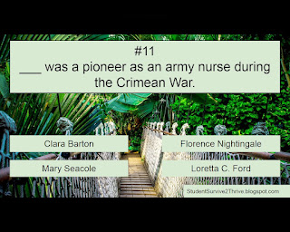 ___ was a pioneer as an army nurse during the Crimean War. Answer choices include: Clara Barton, Florence Nightingale, Mary Seacole, Loretta C. Ford